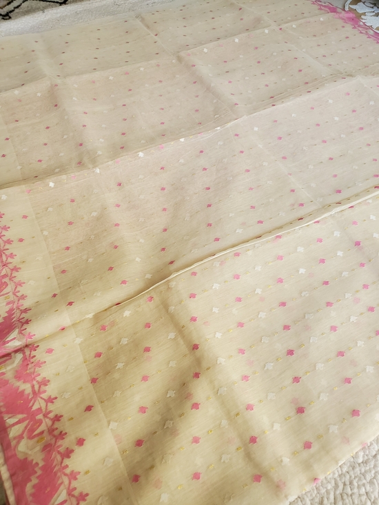 Elegant Pink & Cream Pure Cotton Dhakai Jamdani Saree Handloom Mint Condition main image 15